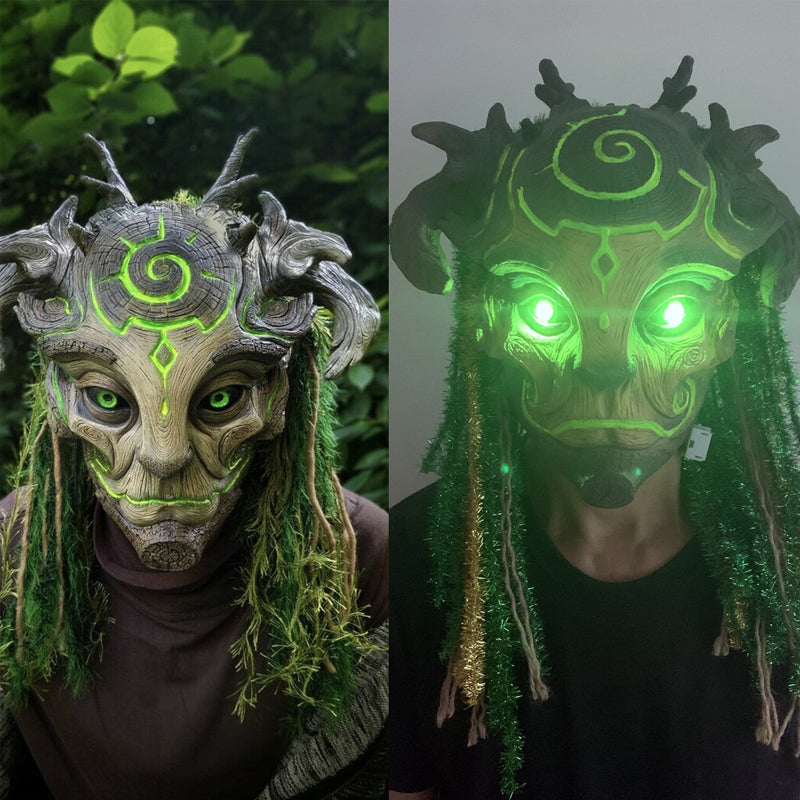 Skogånd halloween-maske med lyse grønne øyne